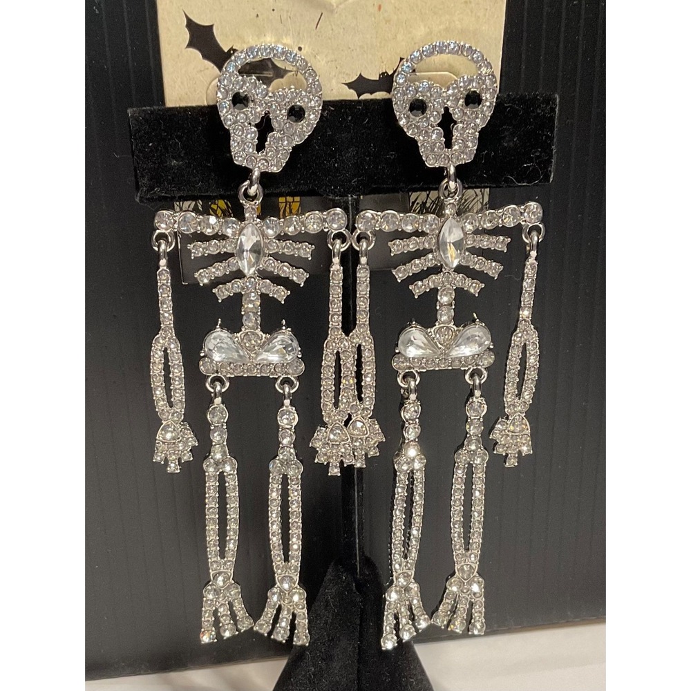 HALLOWEEN SKELETON BONES PIERCED EARRINGS 4" HANG CLEAR RHINESTONES SILVERTONE